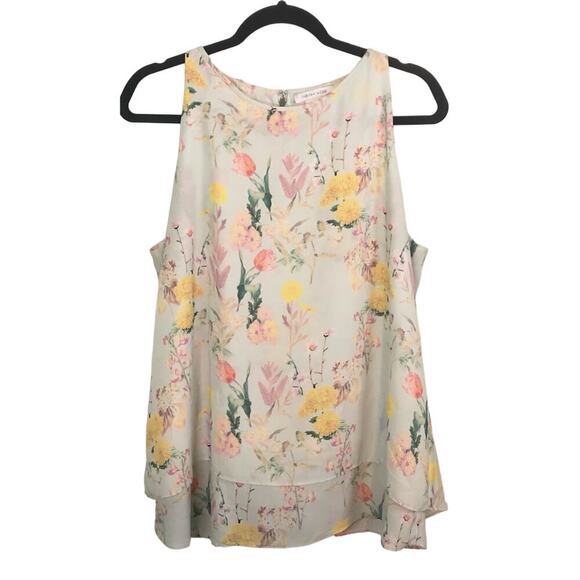 Tabitha Webb Size Large Pale Green Floral Print Tank Top Flowy Cut Layered - Picture 1 of 5
